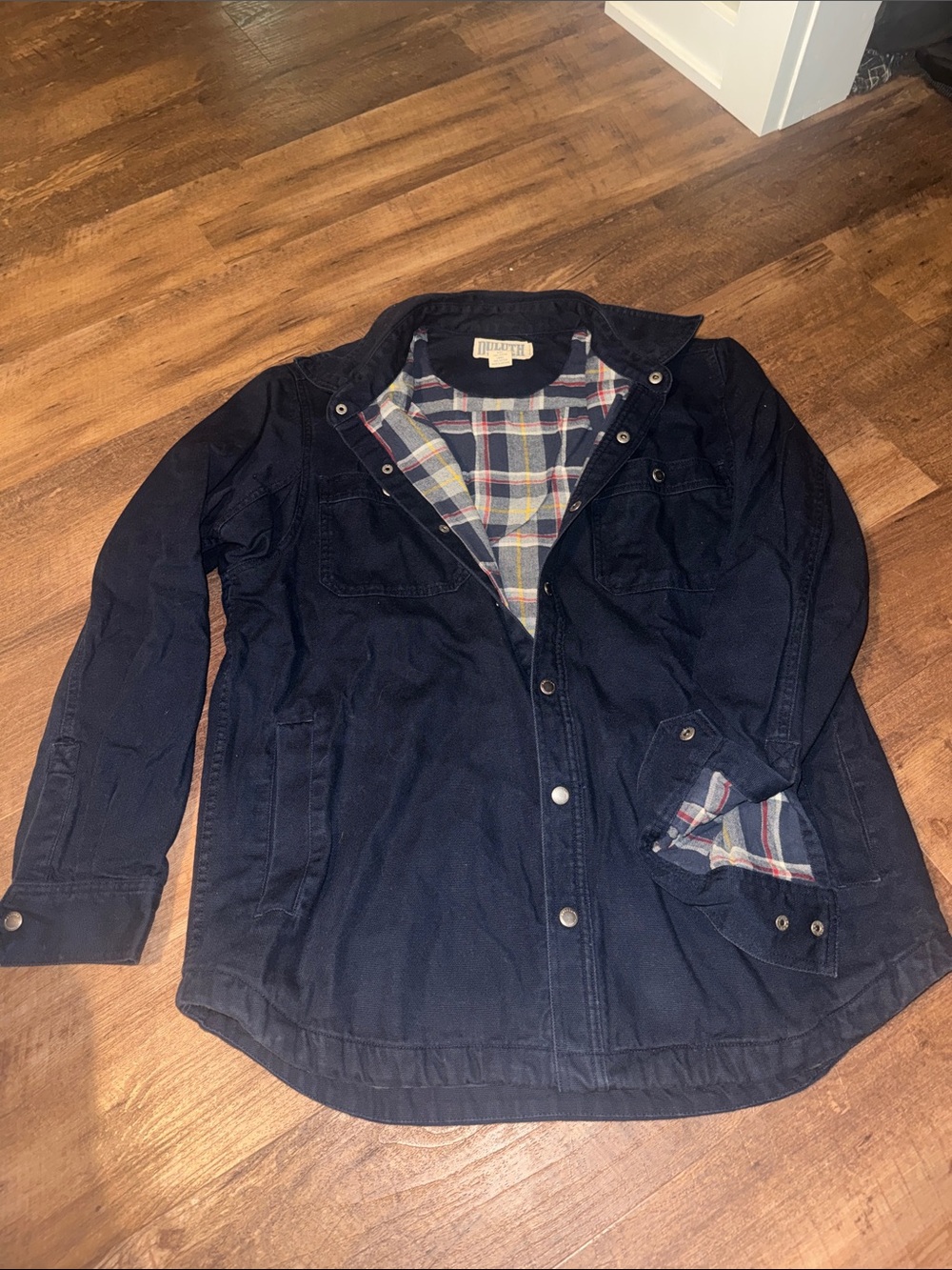 Duluth Trading Co Navy Shirt Jacket with Plaid Lining